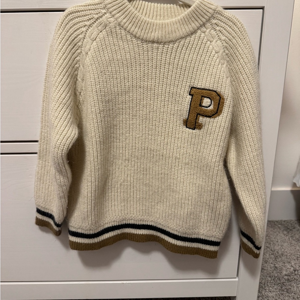 Zara Cream Crewneck Sweater with Letter Patch